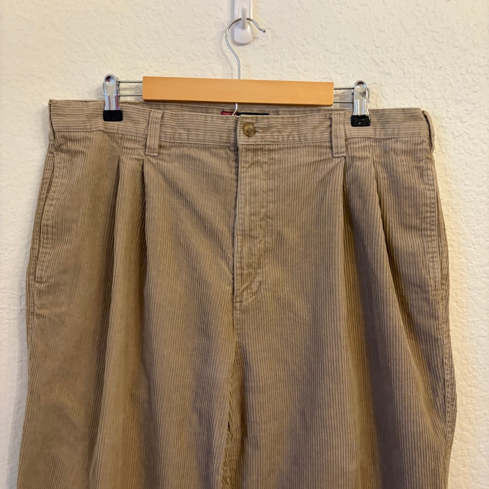 Vintage Chaps Ralph Lauren Corduroy Pleated Pants 38x34 Cuffed Baggy Tan 90s - Picture 2 of 14